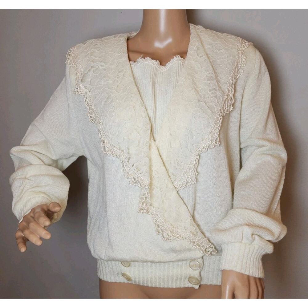Vintage Dara Jeffries by Linda Hutley Surplice Knit Lace Cream Sweater Size 9/10